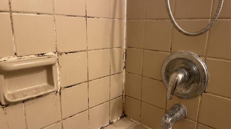 A dated bathroom with worn fixtures and stained grout before renovation