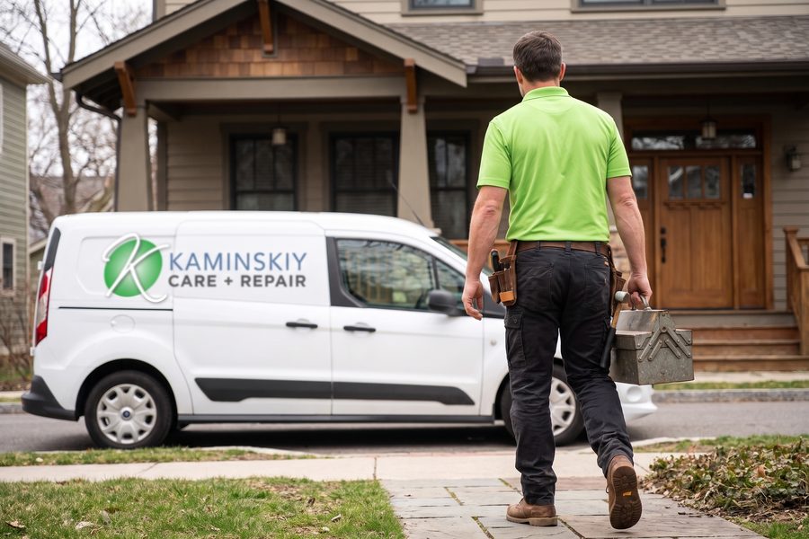 Kaminskiy technician arriving at a customer's front door with his toolbox