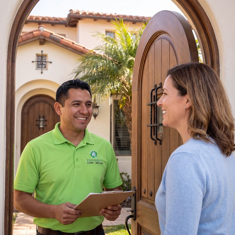 Kaminskiy technician greeting a Orange County homeowner at the door