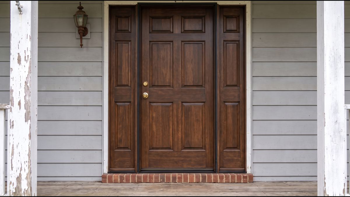 The same front door refinished with new hardware and weatherstripping
