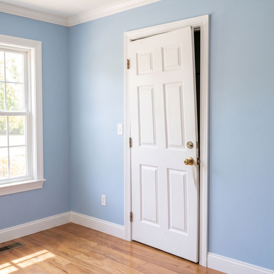 Damaged door hanging off its hinges before repair