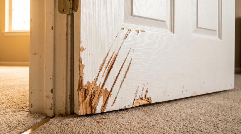 An exterior door scratched up at the base by a dog before the pet door