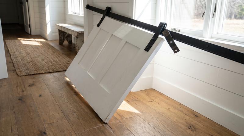 A white barn door tilted off its rail before service