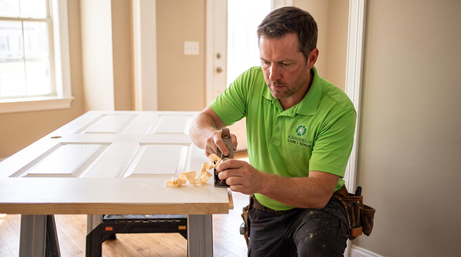Kaminskiy technician working on an interior door on a work stand