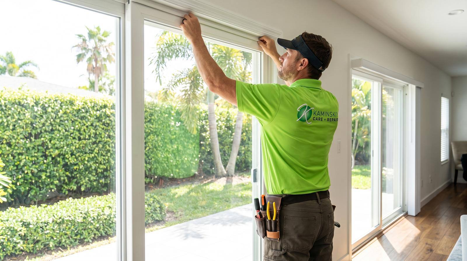 Kaminskiy technician adjusting a sliding glass door
