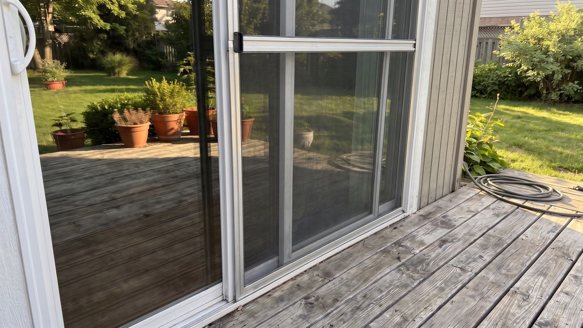 Patio door with a new screen panel opening onto a backyard deck