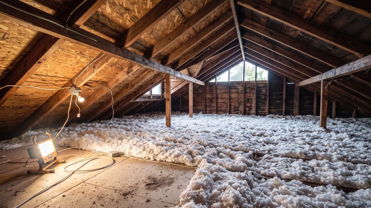 An attic freshly insulated with blown-in insulation to an even depth