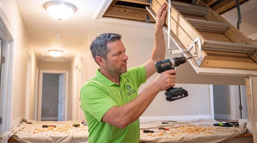 Kaminskiy technician installing a folding attic ladder in a hallway ceiling