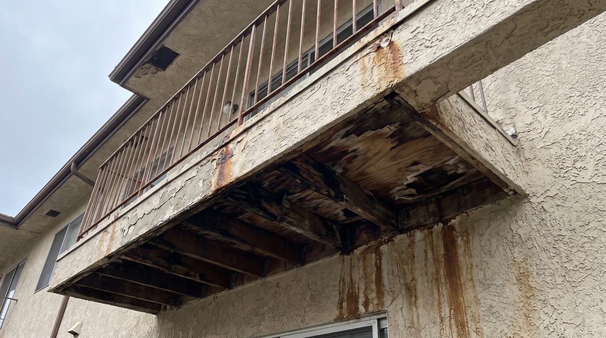 A stucco apartment balcony with rotted joists and a sagging soft deck exposed before repair