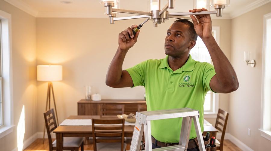 Kaminskiy technician installing a ceiling light fixture in a dining room