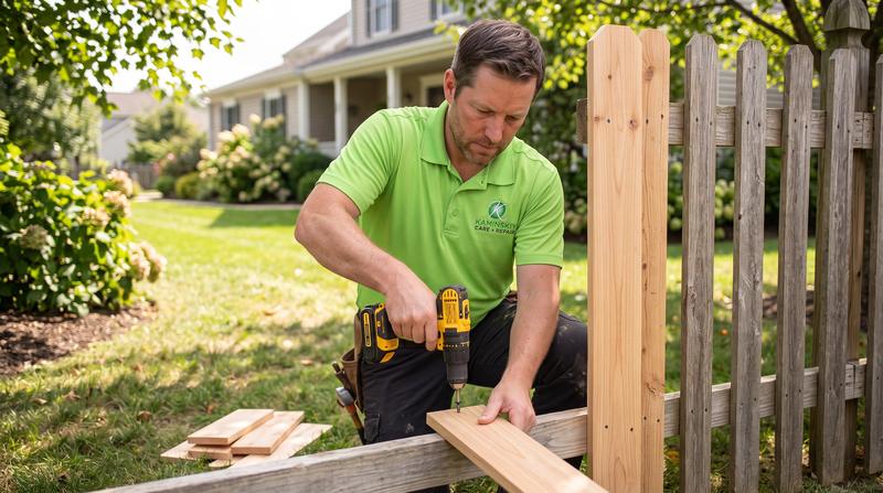 Kaminskiy technician screwing a new picket onto a backyard fence rail