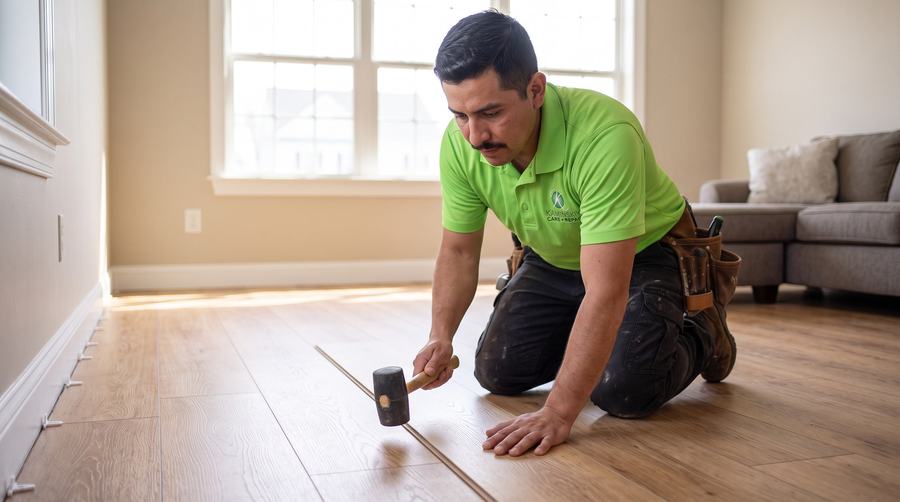 Kaminskiy technician installing luxury vinyl plank flooring in a living room