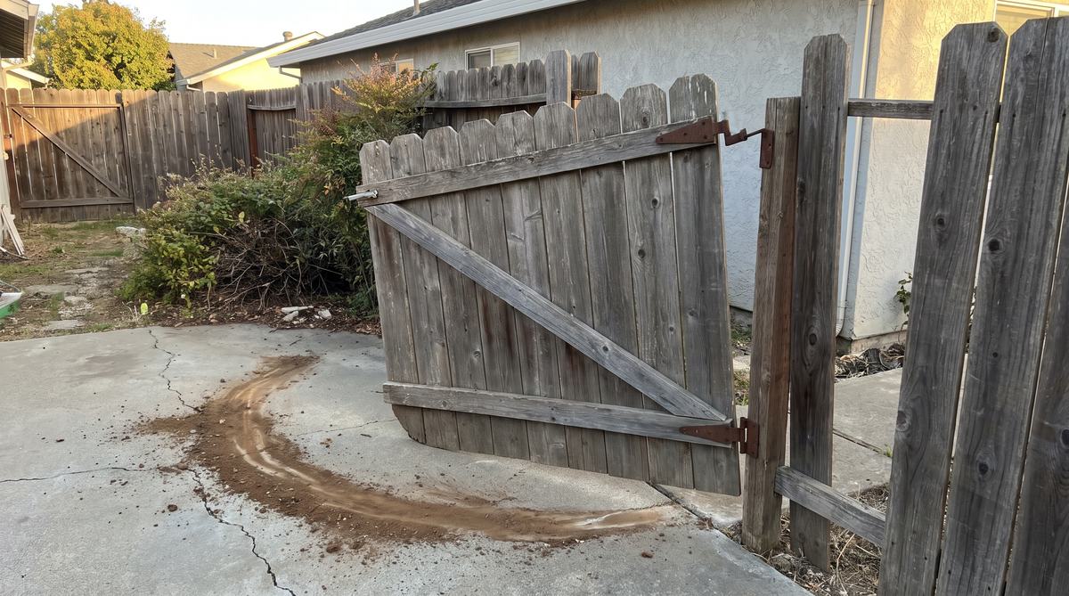 A sagging wooden side yard gate dragging on the ground with a broken latch before repair