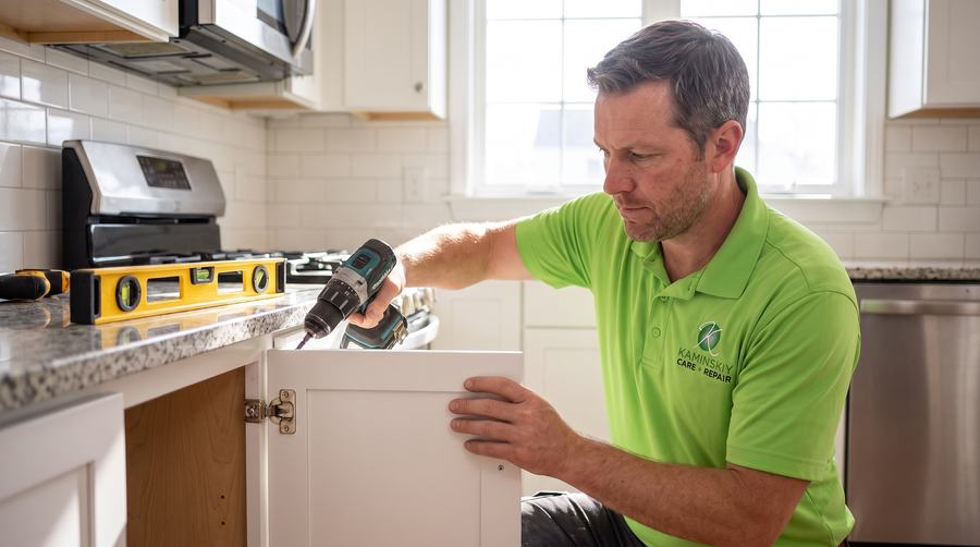 Kaminskiy technician installing new cabinet hardware during a kitchen refresh