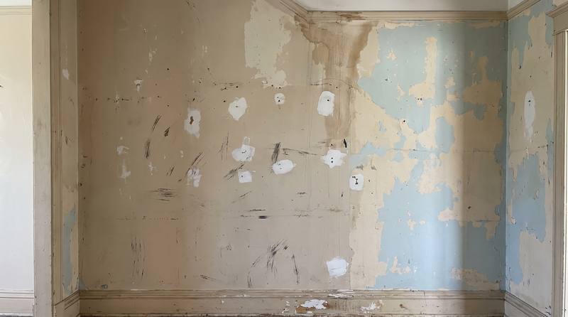 A hallway wall with patchy paint, spackle spots and scuffs before painting