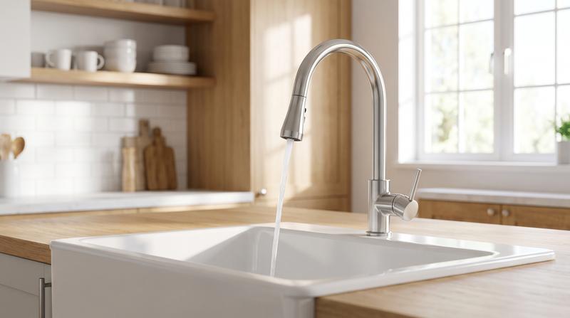 A new chrome faucet installed on a farmhouse sink with water running