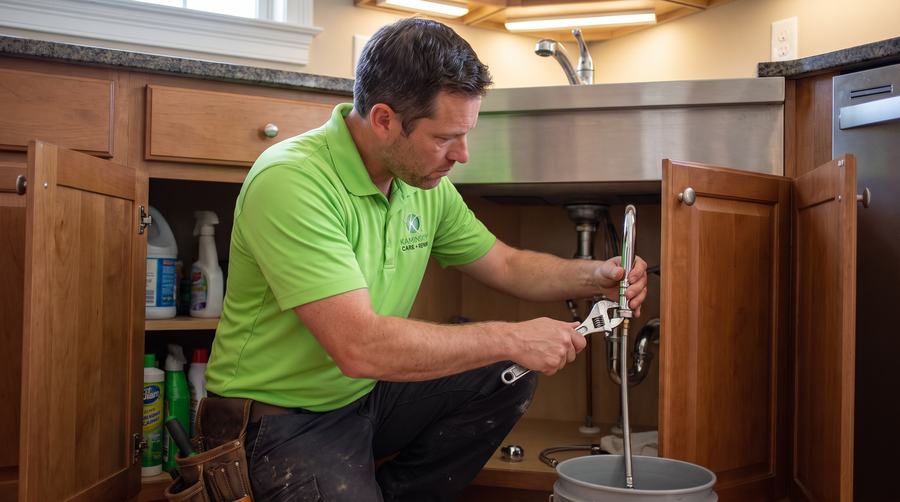 Kaminskiy technician installing a new faucet supply line under a kitchen sink