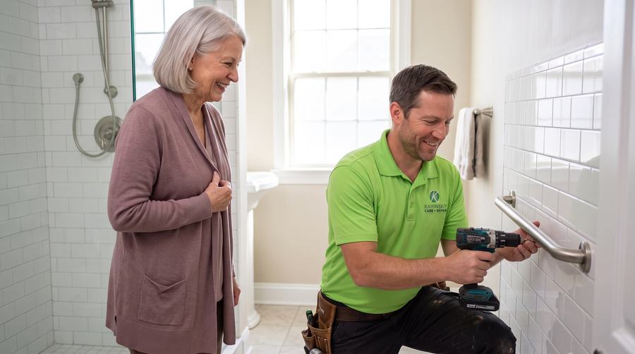 Kaminskiy technician installing a grab bar while a senior homeowner looks on