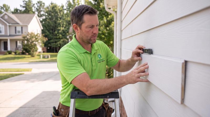 Kaminskiy technician fitting a replacement siding plank on a house wall