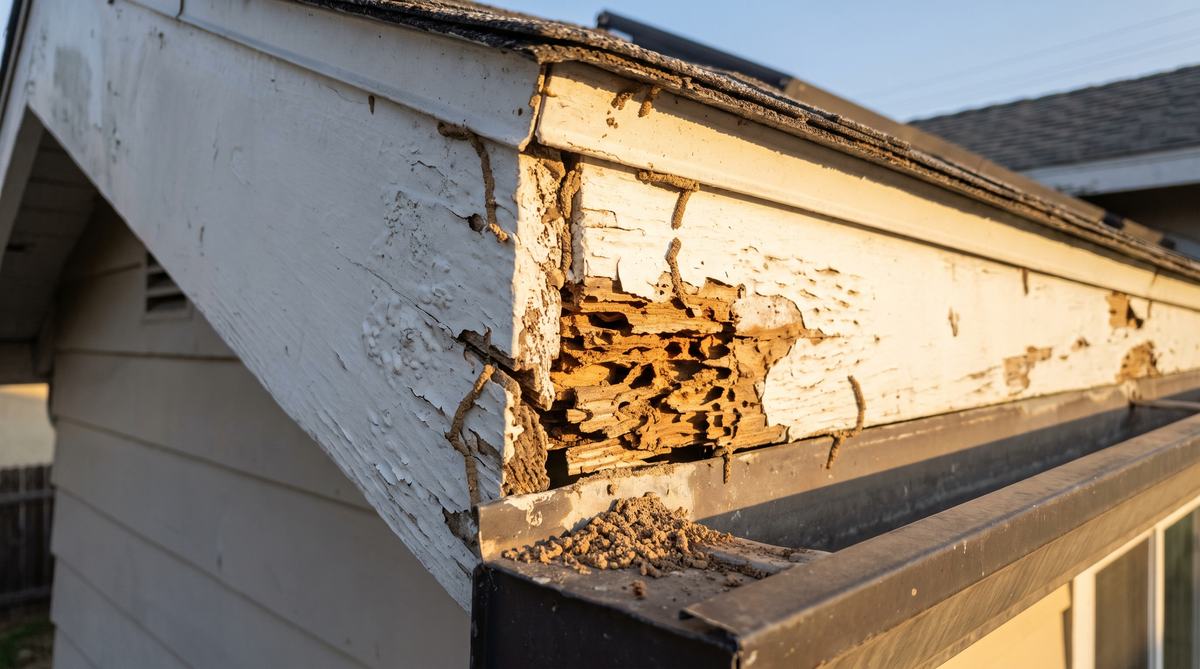 A termite damaged fascia board and rafter tail with hollowed, crumbling wood before repair
