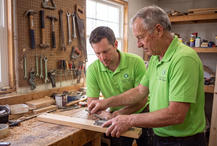A senior Kaminskiy technician mentoring a younger technician at the workbench