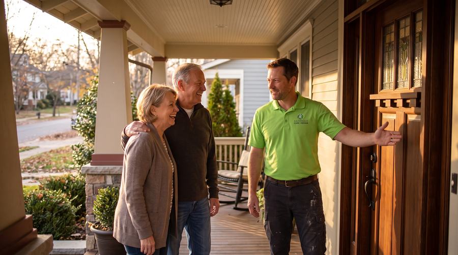 Kaminskiy technician showing a homeowner couple their beautifully repaired front door