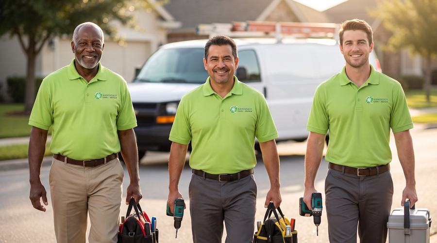 Three Kaminskiy technicians walking to a job with their tool bags