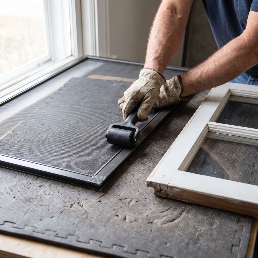 Kaminskiy technician rolling new mesh into a window screen frame